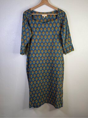 AMARA Classics & Trends Blue & Orange Floral Block Print Kurti Midi Dress Large